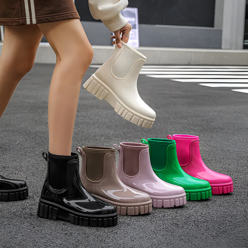 Women's low cut PVC rain boot in apricot colour with a non-slip sole.