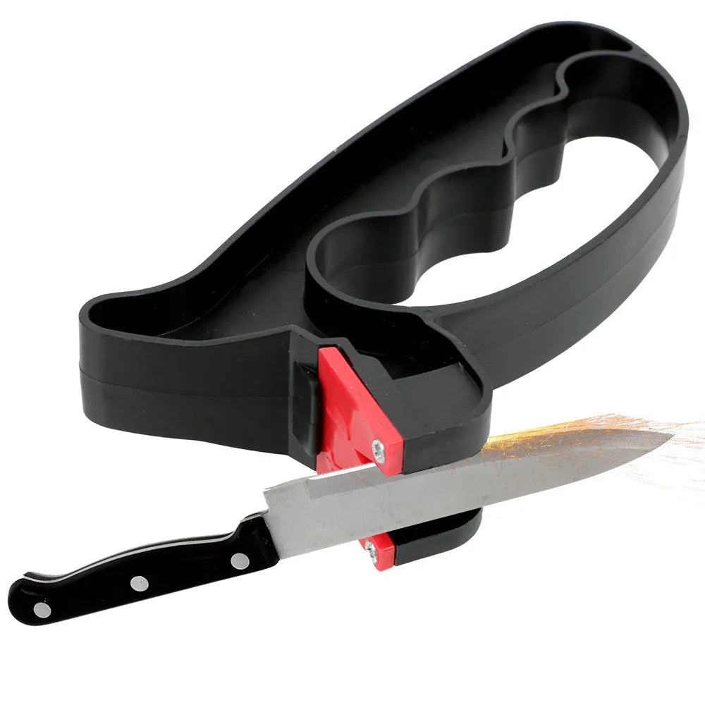Black handheld knife and scissor sharpener showing ergonomic handle and sharpening slots on a white background.