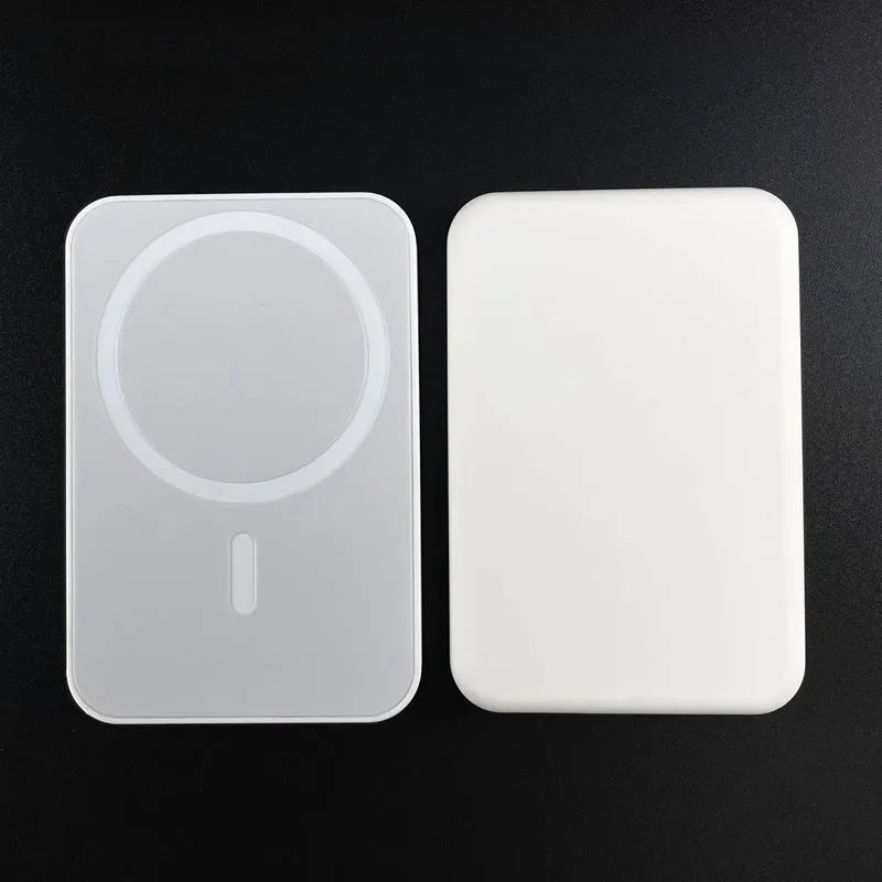 White magnetic wireless charger power bank with 5000mAh capacity measuring 100mm x 65mm