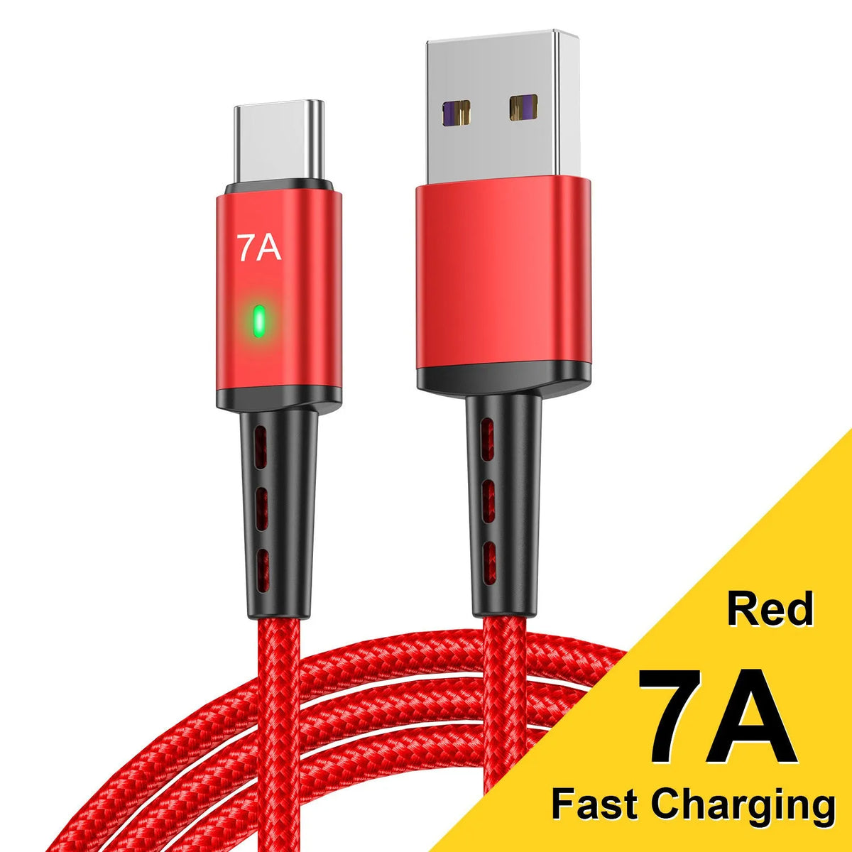 7A Android braided Type-C charging cable with indicator light in black, 1 metre length