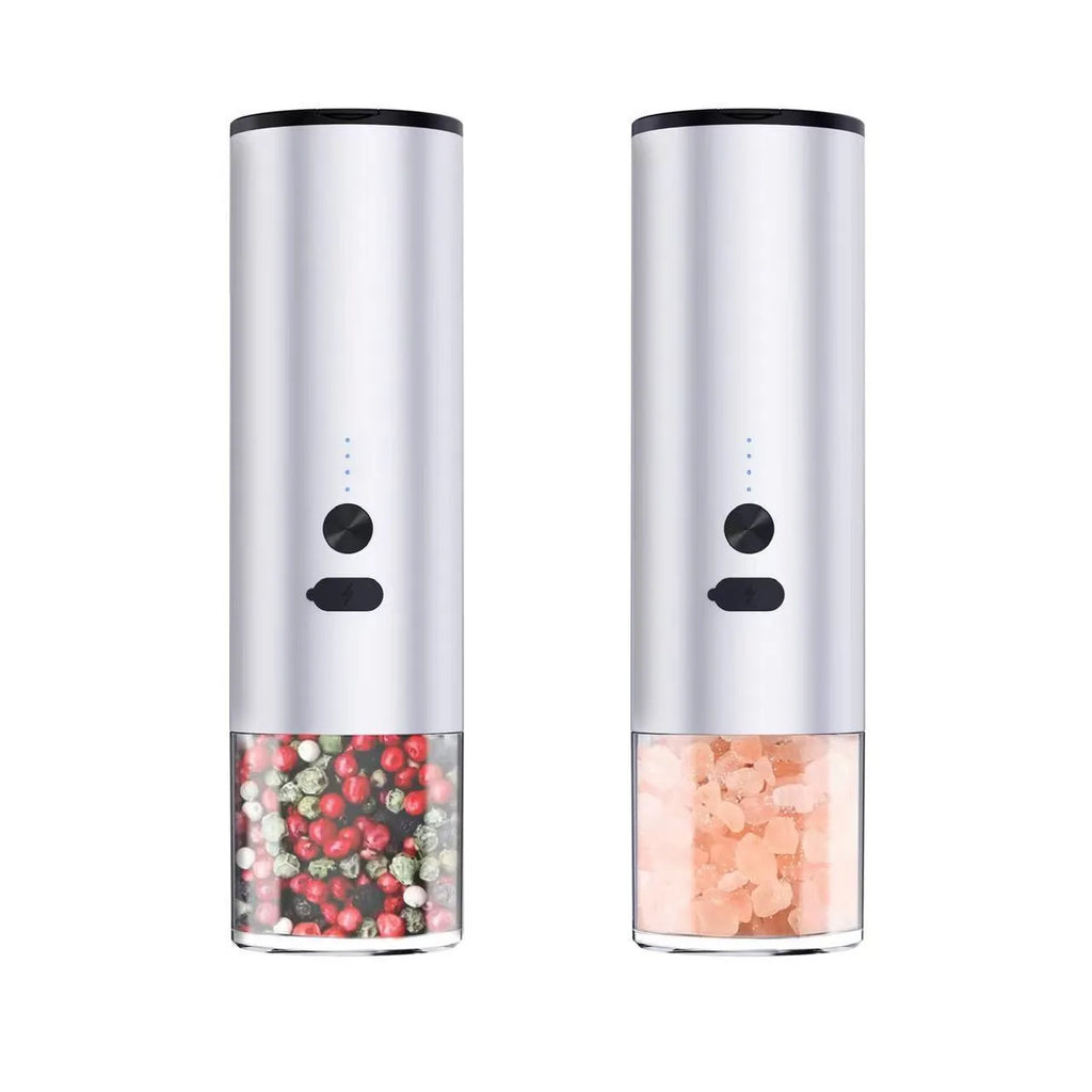 USB rechargeable electric salt and pepper grinder set with clear glass jar and stainless steel top
