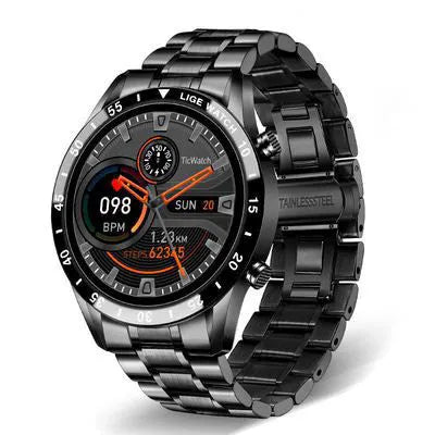 Smart watch with stainless steel band showing 1.3 inch touch screen displaying step count
