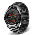 Smart watch with stainless steel band showing 1.3 inch touch screen displaying step count