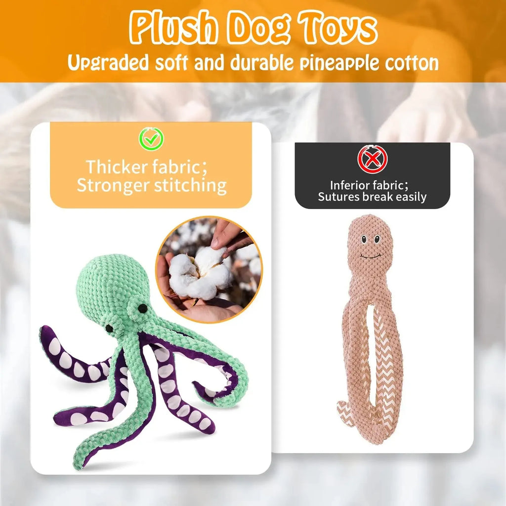 Blue octopus shell design plush dog chew toy with six long legs and a squeaker.