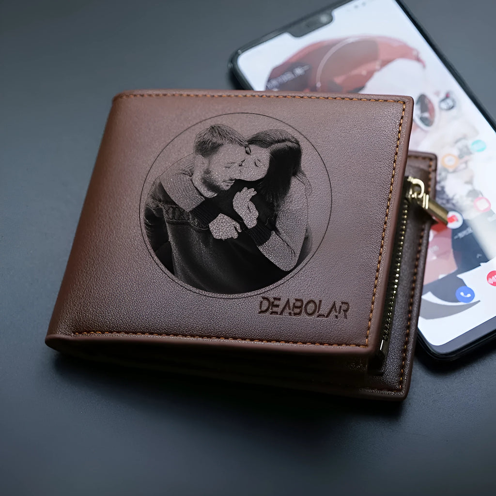 Men's leather wallet with a zipper closure, individually packaged for gift-giving.