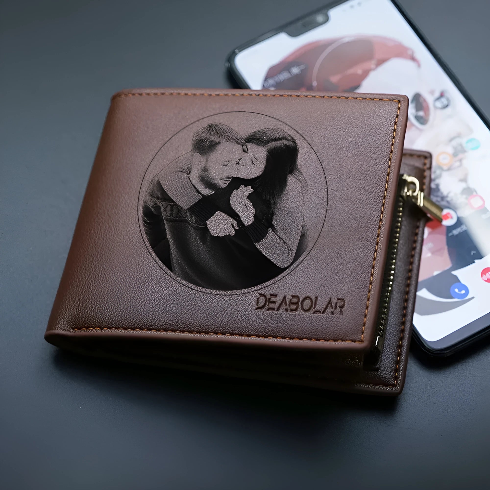 Men's leather wallet with a zipper closure, individually packaged for gift-giving.