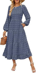 Long sleeve casual dress with round neck, high waist, and ruffle sleeves in a solid colour.