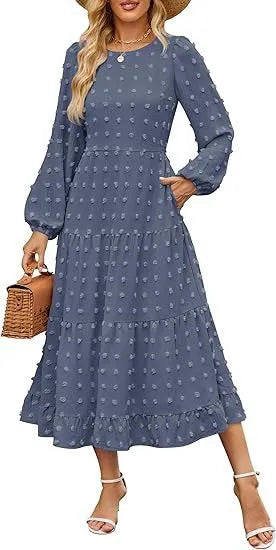 Long sleeve casual dress with round neck, high waist, and ruffle sleeves in a solid colour.