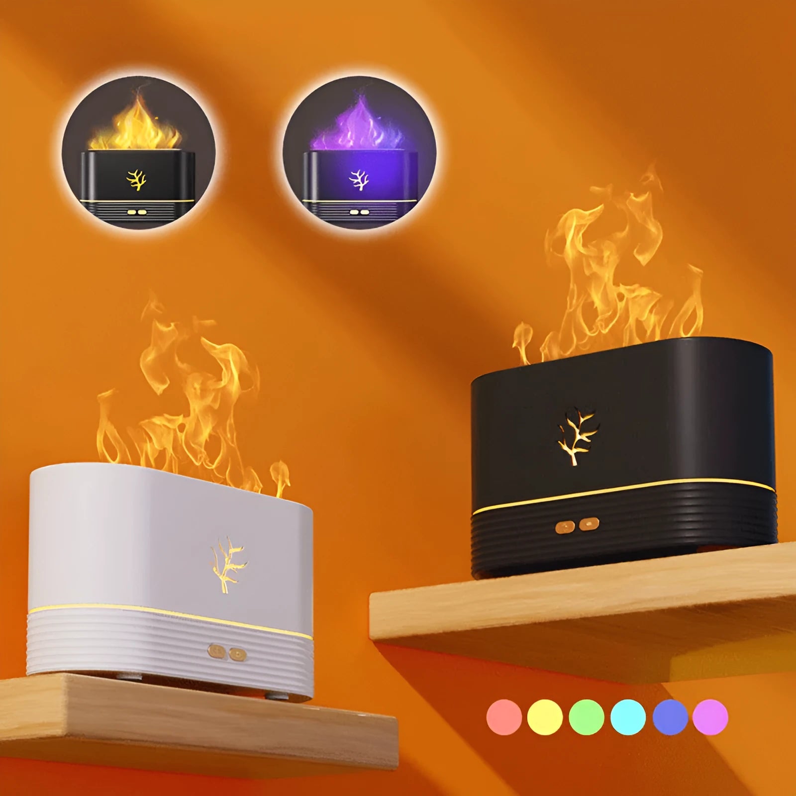 Square white LED flame humidifier and essential oil diffuser with mist and red fire effect.