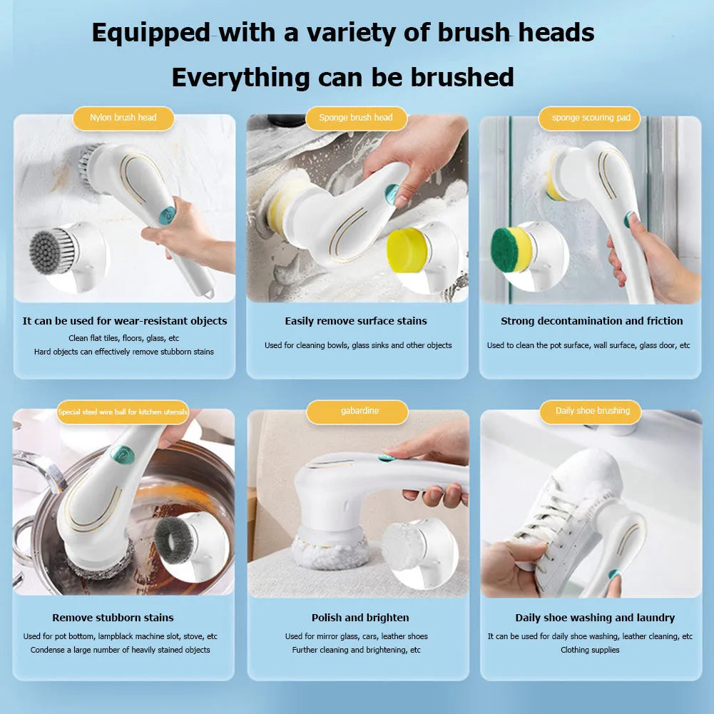 White cordless electric scrubber with five brush heads for household cleaning