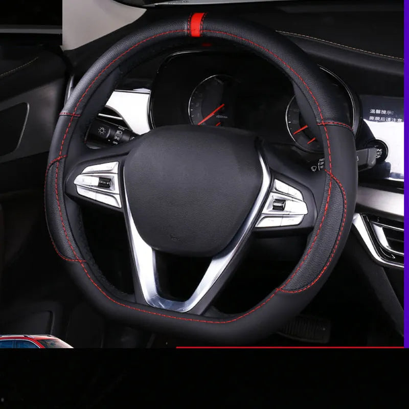 Universal leather steering wheel cover for 38cm wheels in multiple colour options
