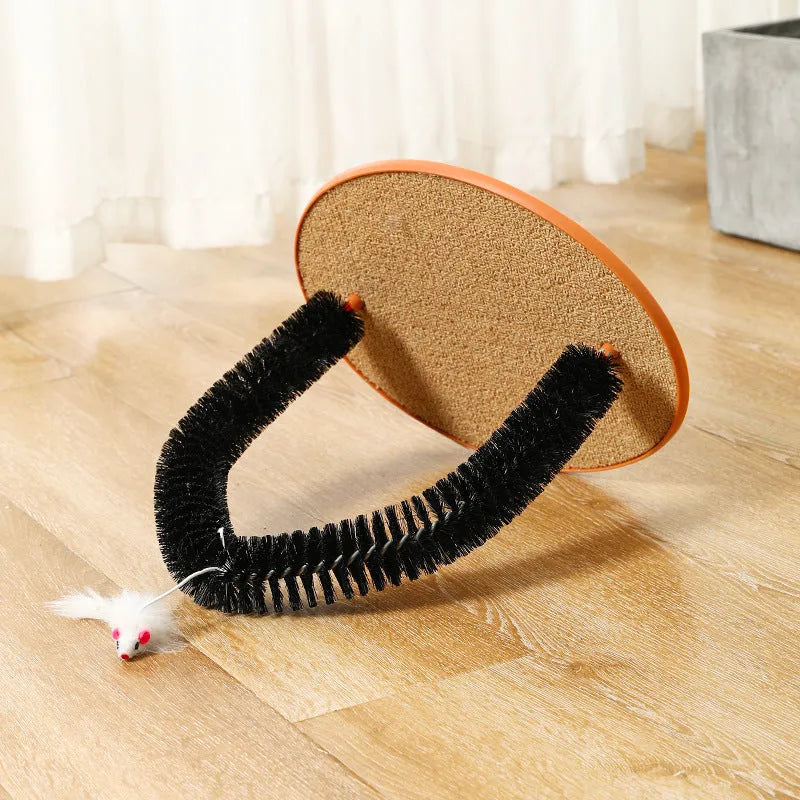 Black arch-shaped cat scratching post with anti-itch brush, non-slip base, and attached mouse toy