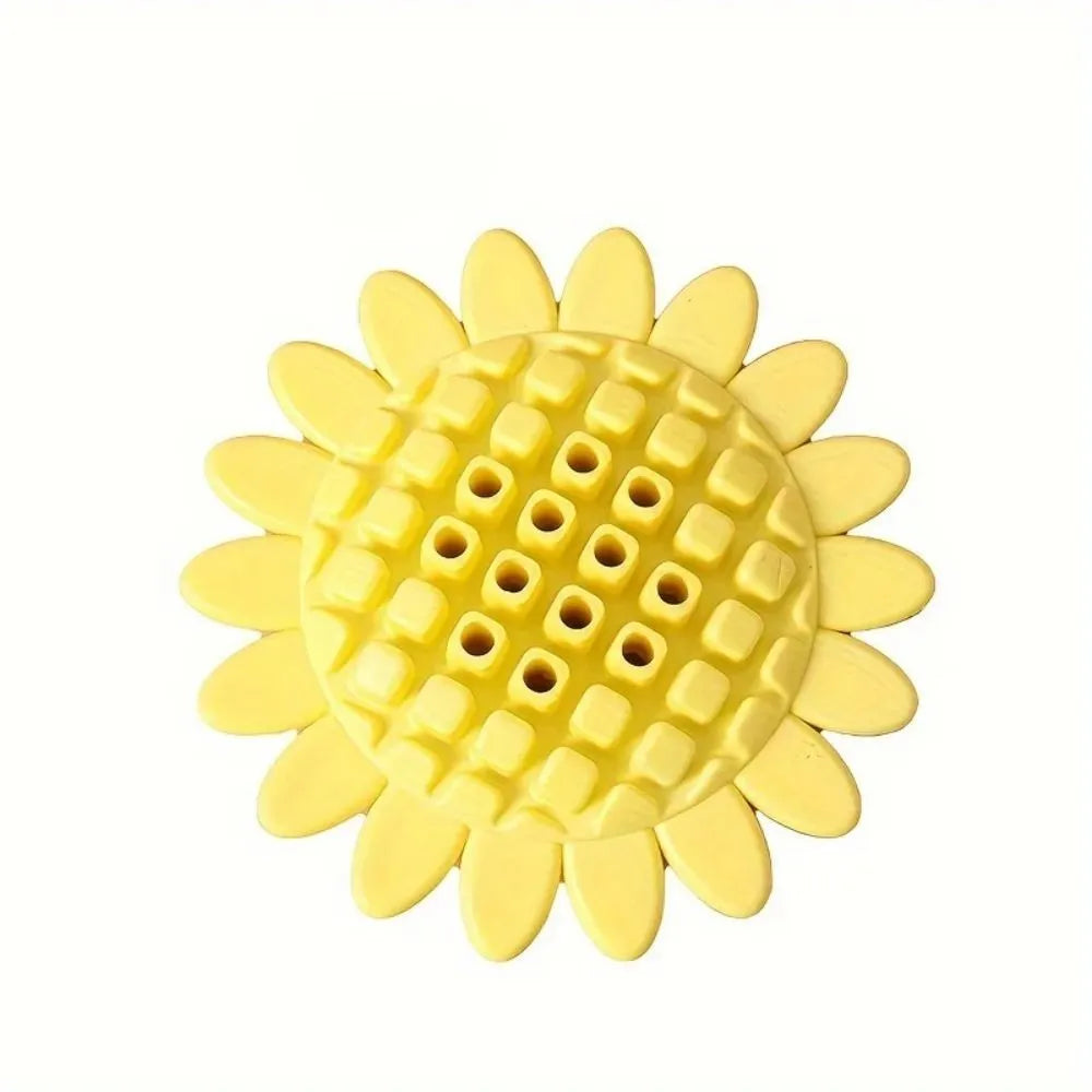 Yellow rubber sunflower-shaped dog toy for teething puppies and chewing play