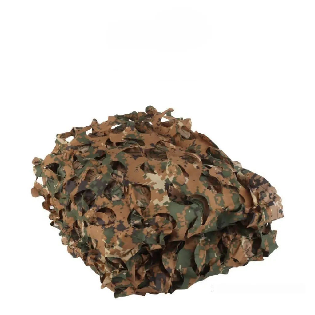 Green and brown camouflage pattern netting draped to create sunshade and visual cover.