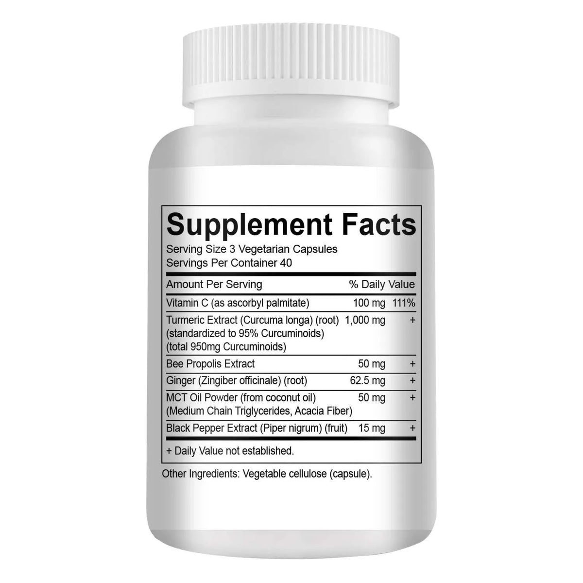 Turmeric curcumin capsules bottle with bee propolis, ginger, and black pepper for joint health, 120 vegetarian capsules
