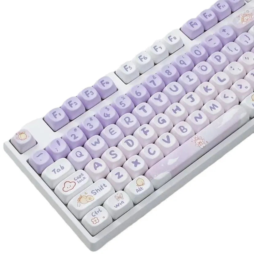 Set of purple gradient key caps for mechanical keyboard with white rabbit anime character design.