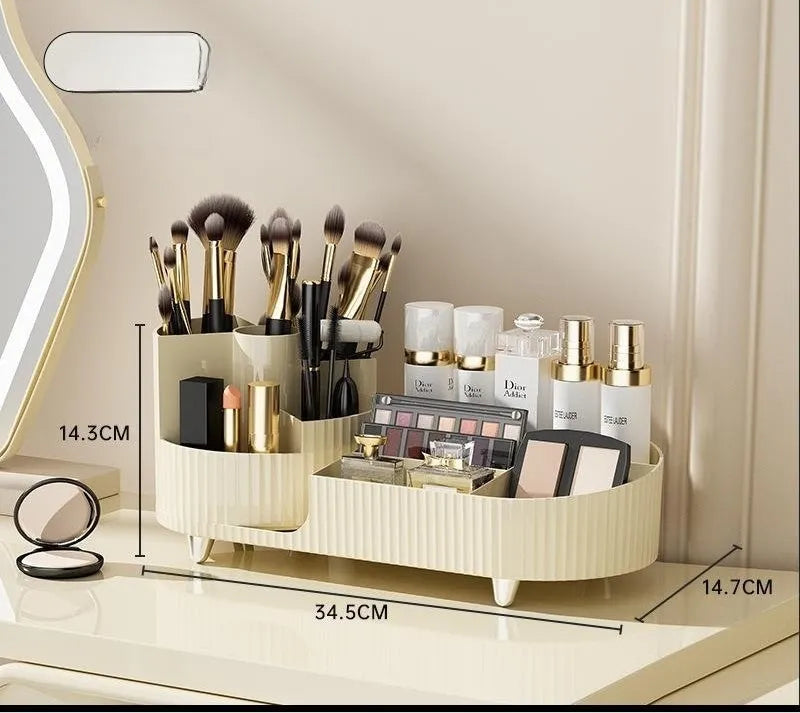 Rotating cosmetics storage box with makeup brushes and lipsticks organised on dressing table