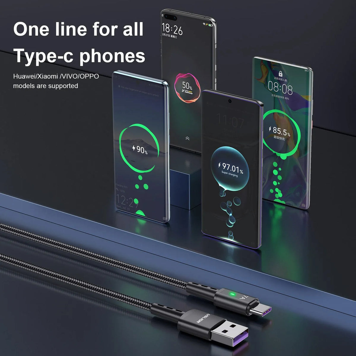 7A Android braided Type-C charging cable with indicator light in black, 1 metre length