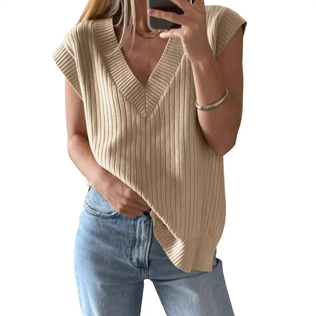 Women's v-neck sleeveless loose vest in camel colour with folding design details