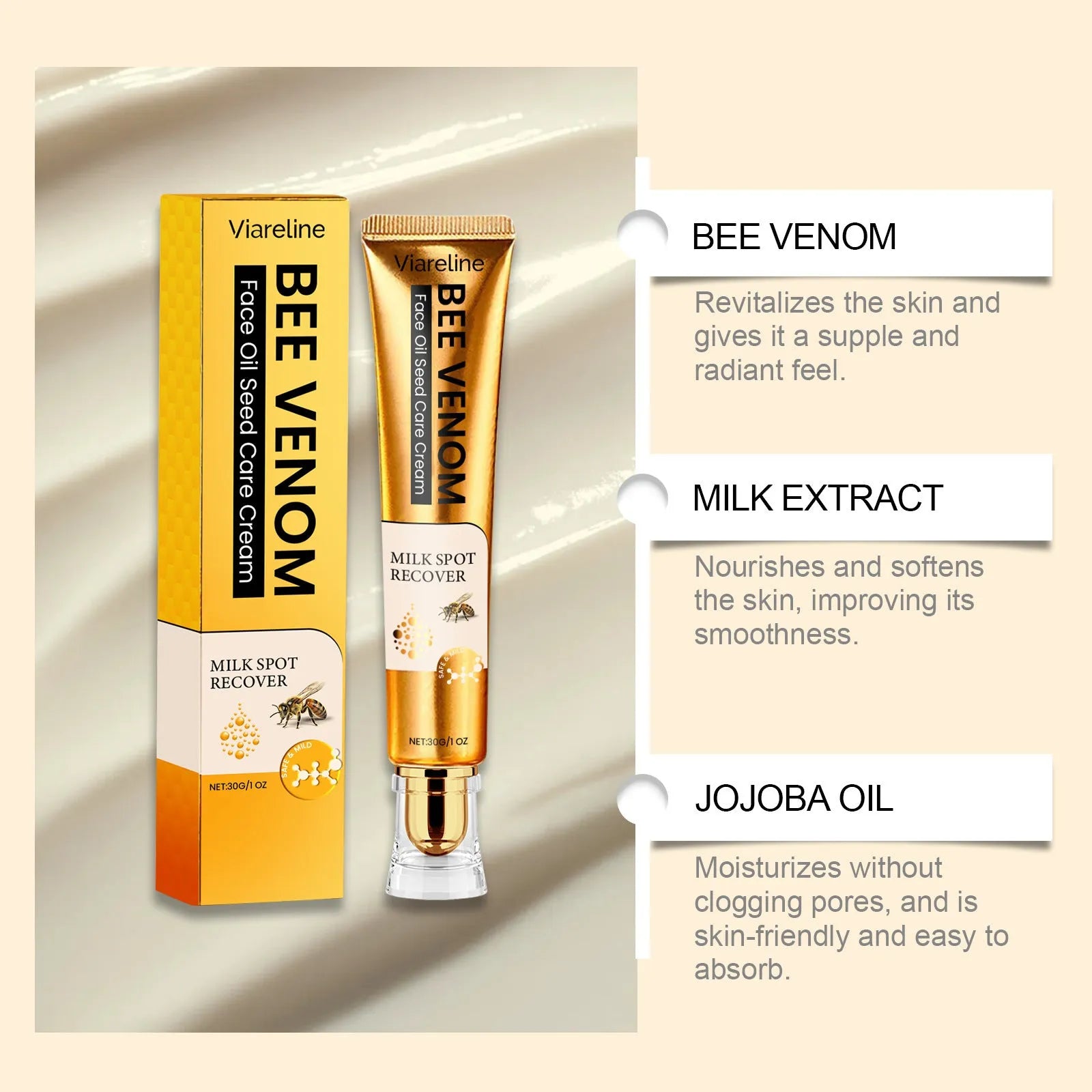 30g jar of facial and neck cream with hydrating formula containing bee venom and jojoba oil