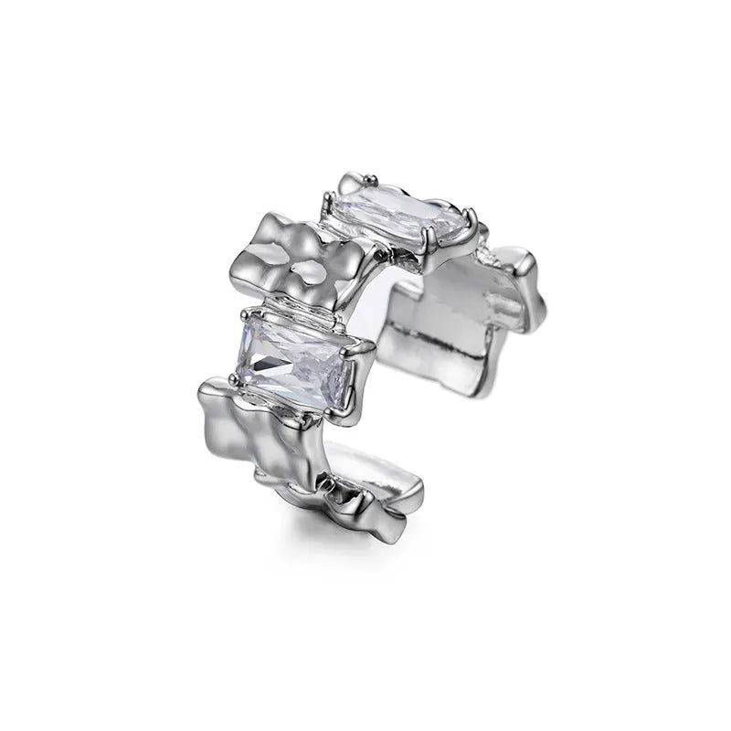 Geometric open design zircon ring in silver-plated metal with retro styling