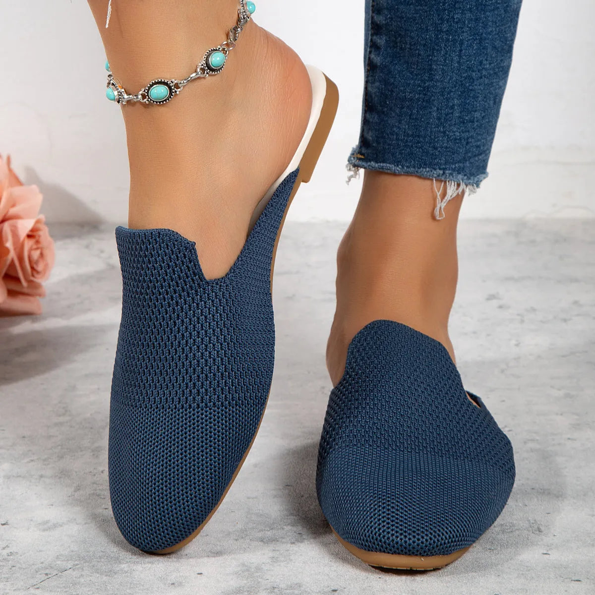 Adult mesh slip-on sandals in apricot, flat round toe with cloth upper and rubber sole