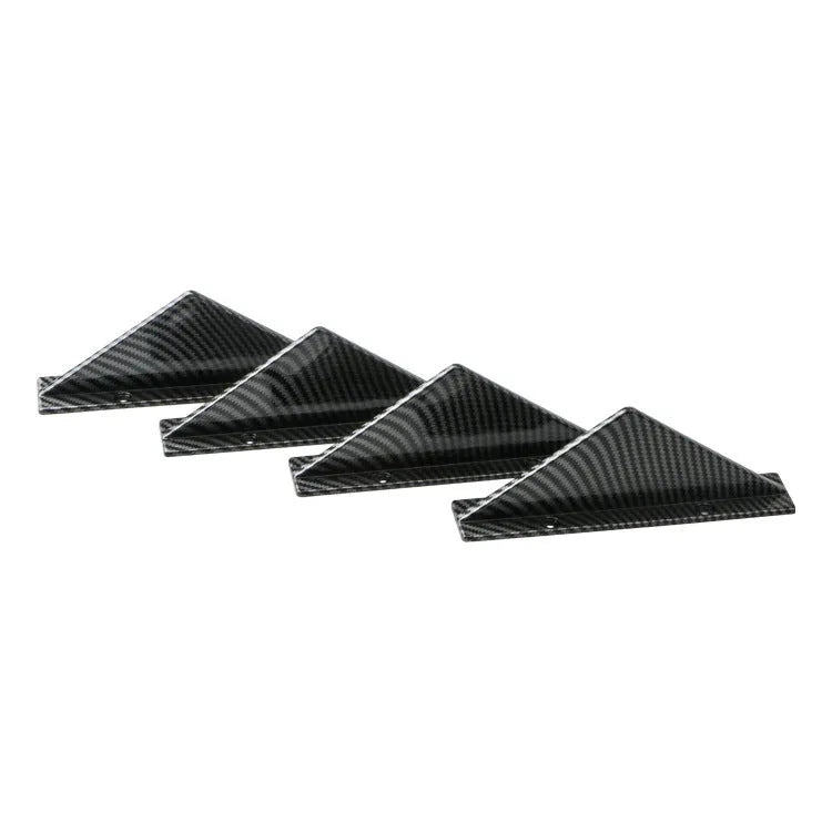 Set of four universal triangle car rear spoilers in ABS plastic, shown in bright black and carbon fibre finishes.