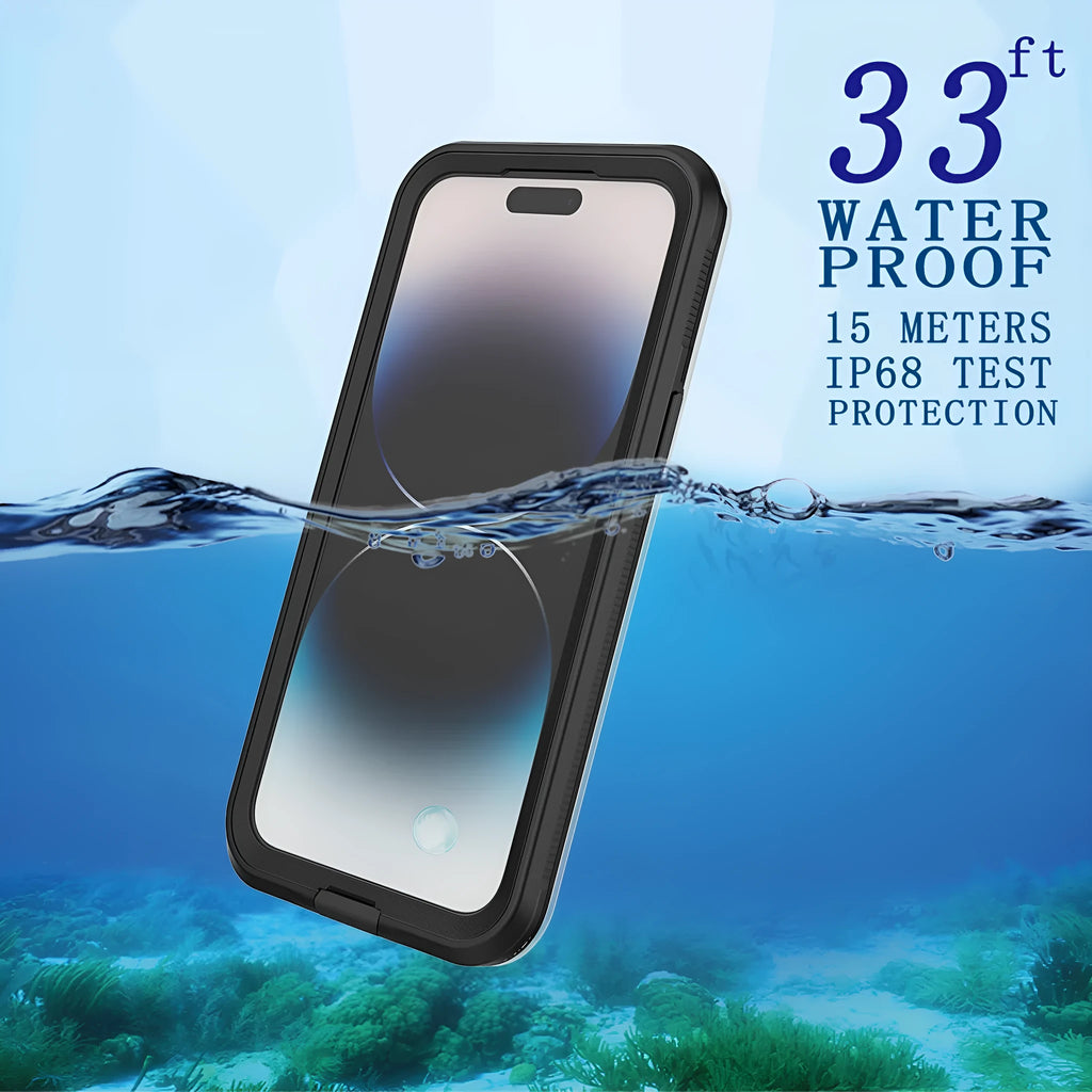 Black frosted TPU waterproof anti-fall protective case for iPhone, shown alongside optional pink and blue colour variants.
