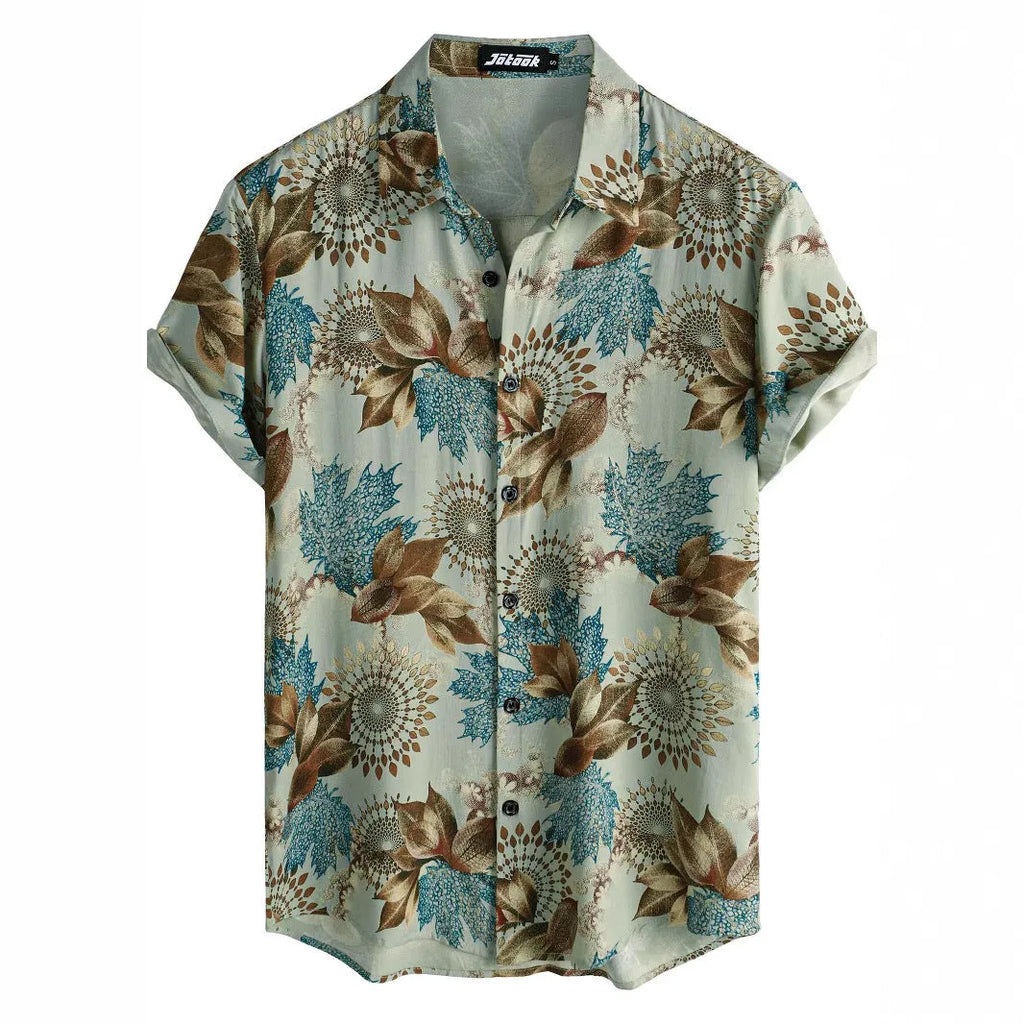A Hawaiian floral print short sleeve shirt cardigan with a lapel collar, shown in a vibrant colour.