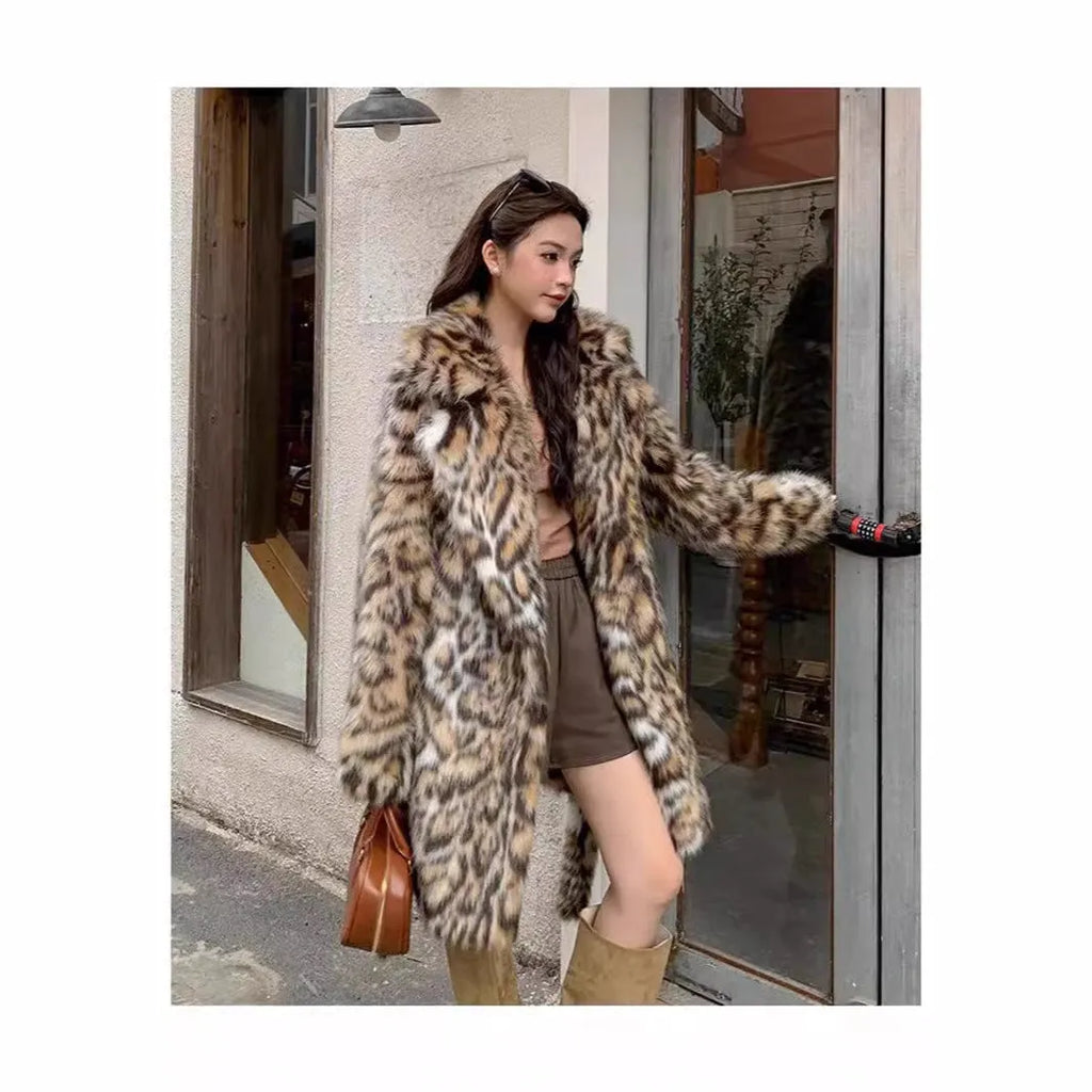 A woman's long faux fur coat with a fur collar and pockets, shown in a street fashion style.