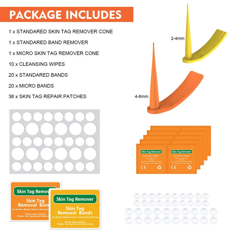 Orange yellow manual mole remover tool with metal cones, assorted rubber rings, alcohol swabs, and repair stickers on a white background.