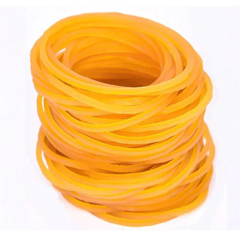 500g pack of mixed diameter yellow rubber bands showing 16mm to 70mm sizes