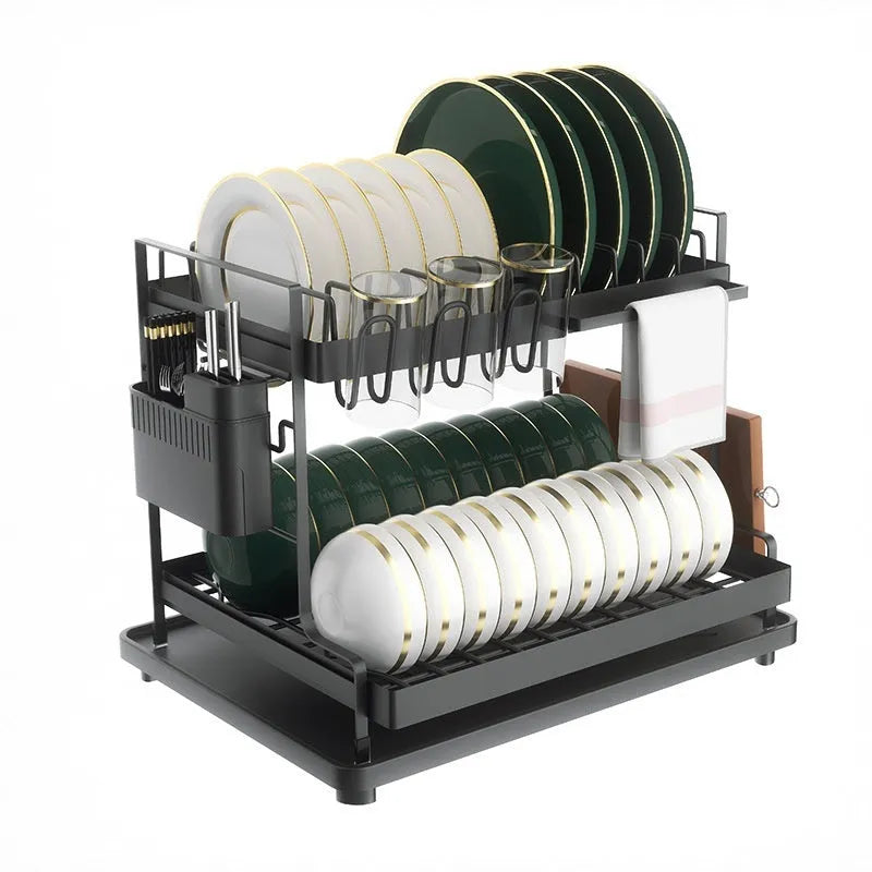 White double-layer kitchen storage rack with a removable plastic draining tray on the bottom shelf.