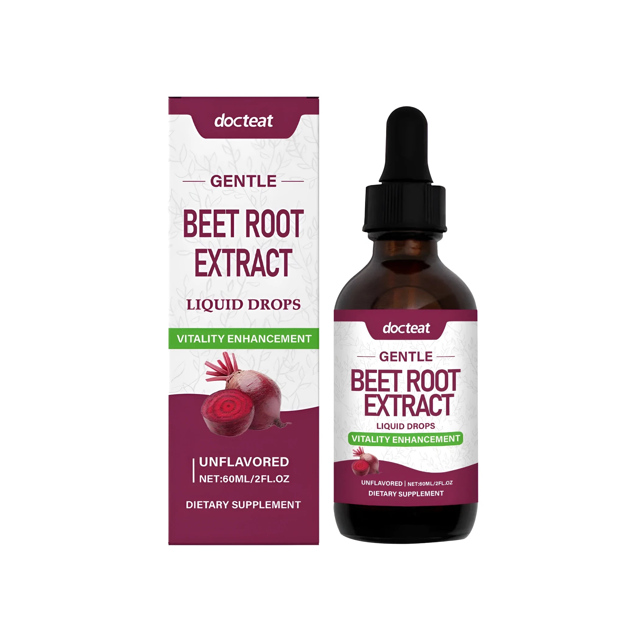 60ml bottle of beetroot nutritional drops with dropper on white background