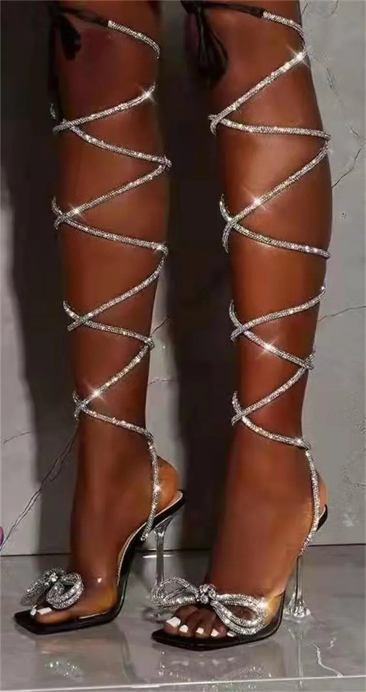 Plus size women's strappy sandals with Roman rhinestone straps in square toe design