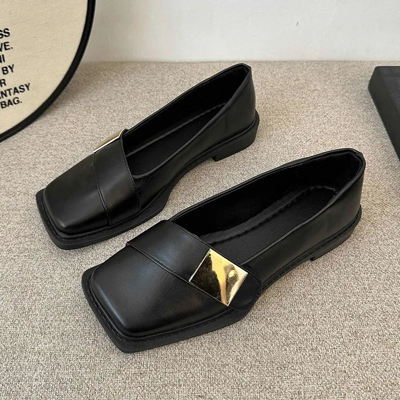 Women's artificial leather flat-heeled shoes with square toe and metal buckle in beige, black, and brown colours