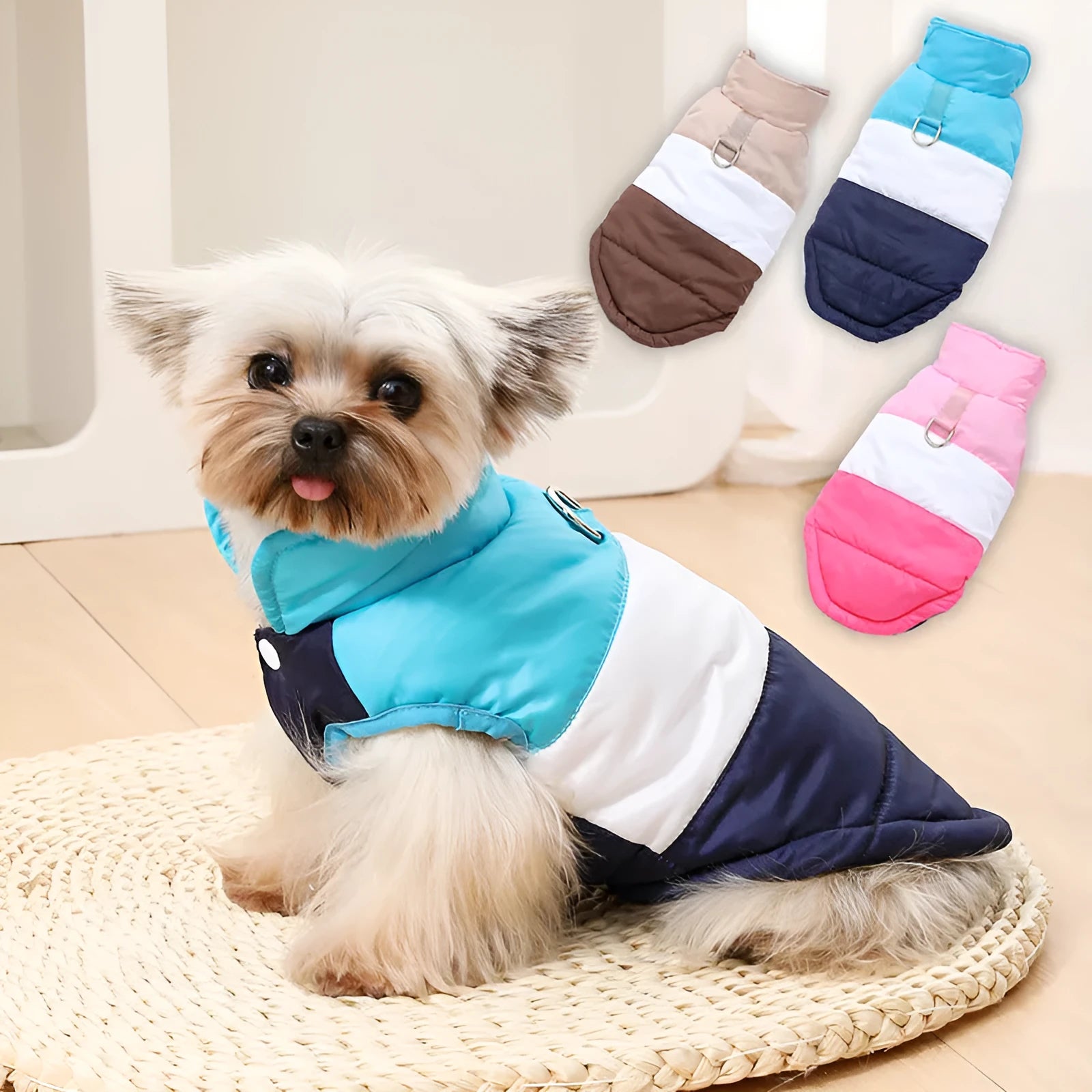 Dog autumn winter coat with attached leash in white and blue, polyester, sizes XS to XL