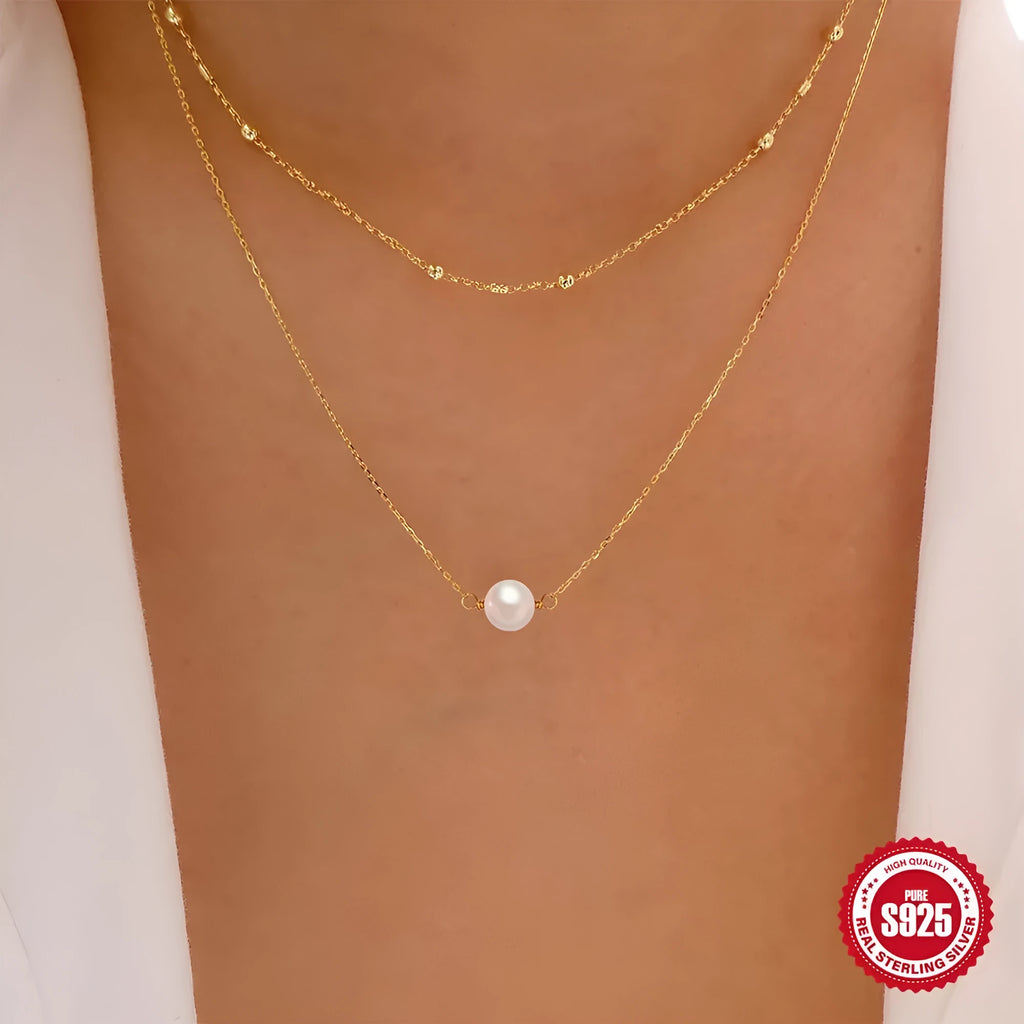 Women's sterling silver double layer twin pearl necklace with a ball bead chain in gold colour.