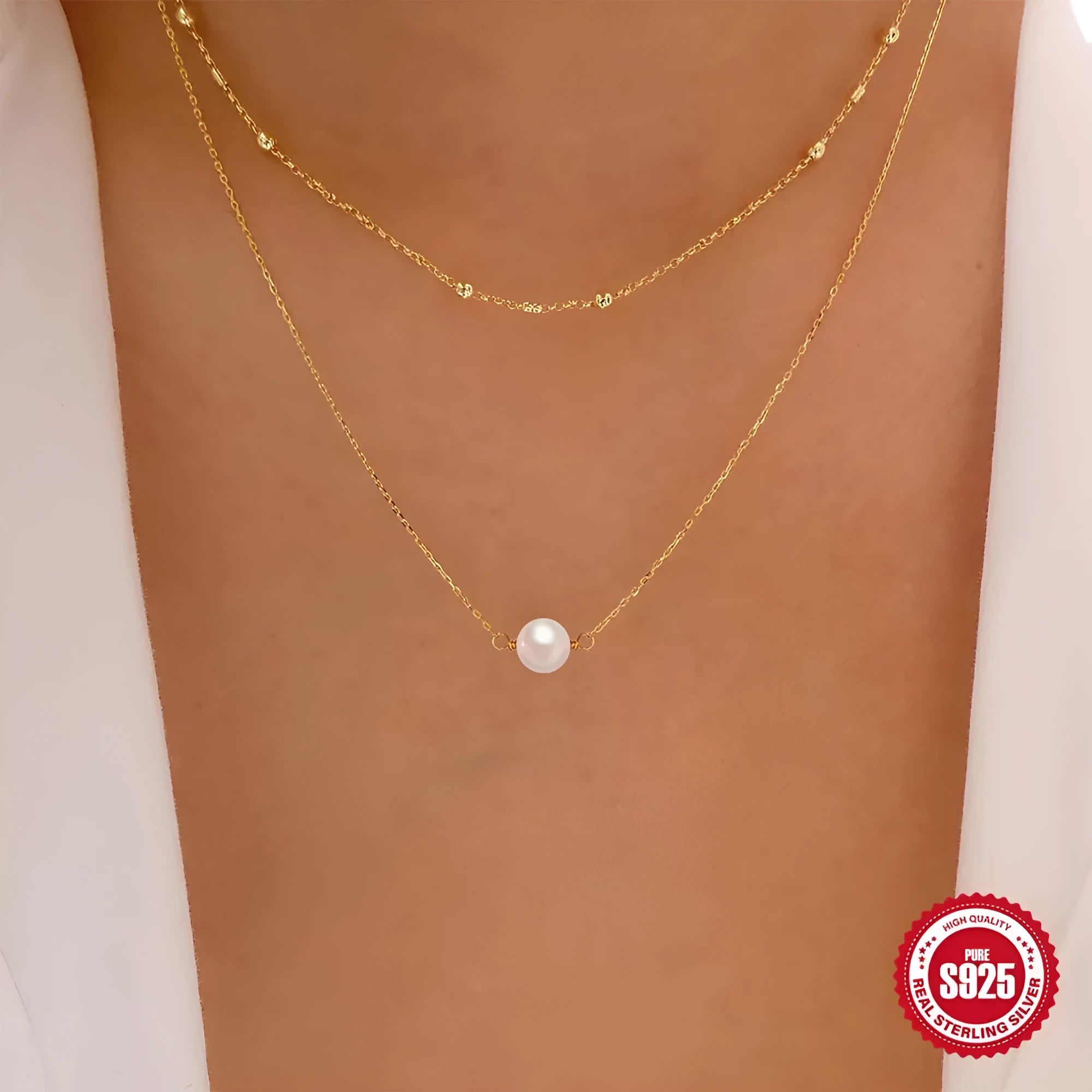 Women's sterling silver double layer twin pearl necklace with a ball bead chain in gold colour.