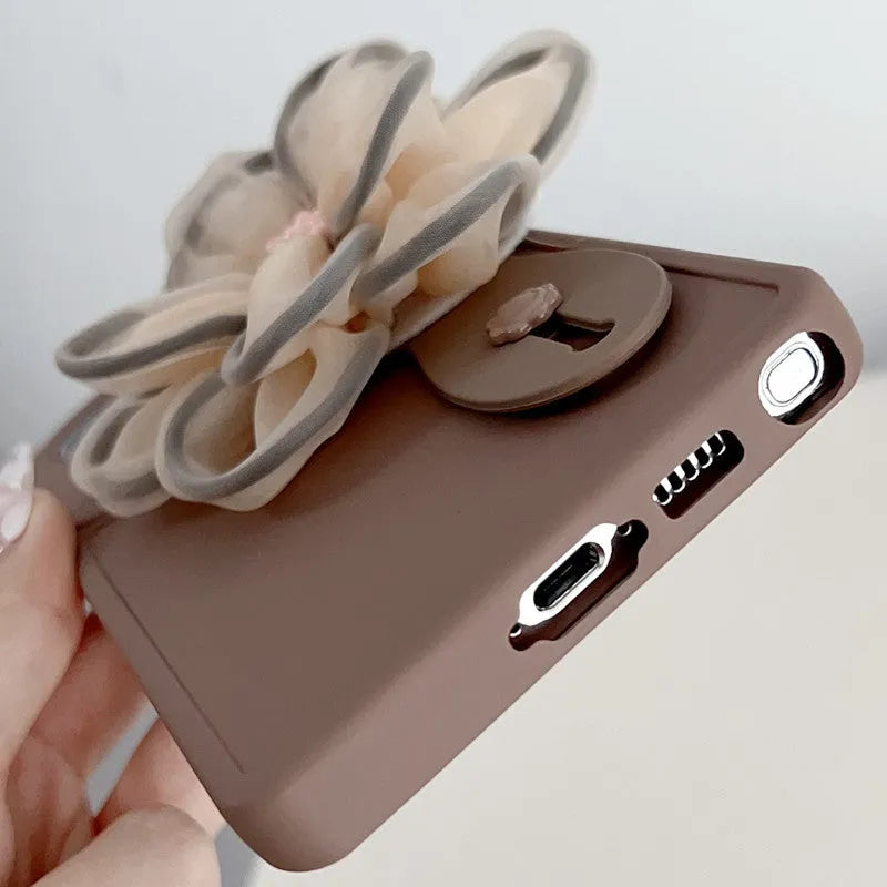 Brown frosted silicone phone case with built-in bracket and wrist strap for Samsung smartphone
