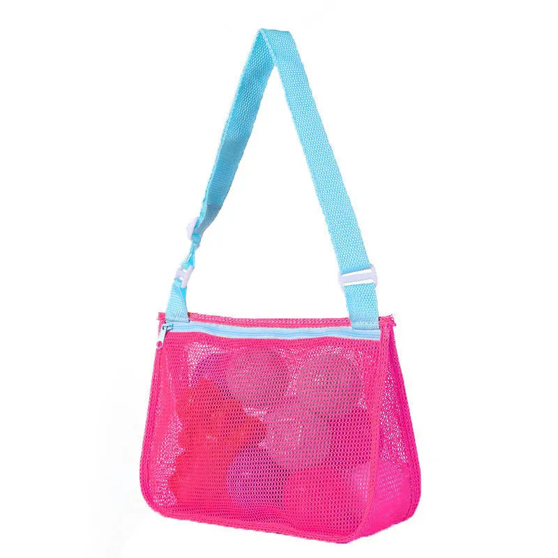 Blue nylon mesh travel storage organiser bag for children's toys and clothing, sealed, measuring 20x25x8cm.