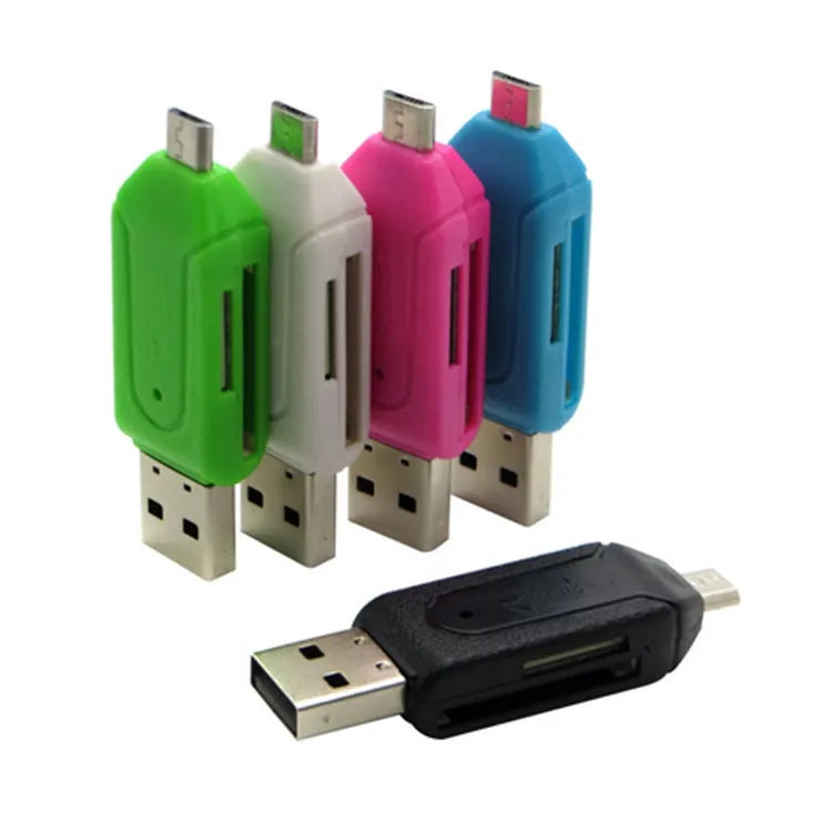 White OTG dual-purpose card reader with micro USB and USB 2.0 connectors for Android phones and computers