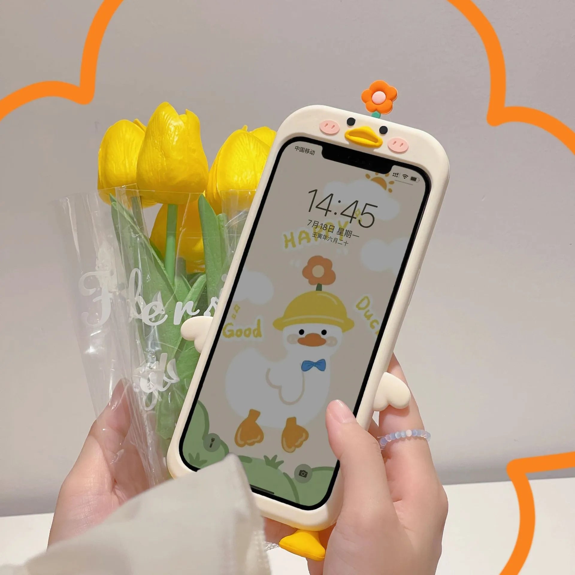 Silicone phone case with stereo flower duck design in cute duck colour for Huawei and iPhone models