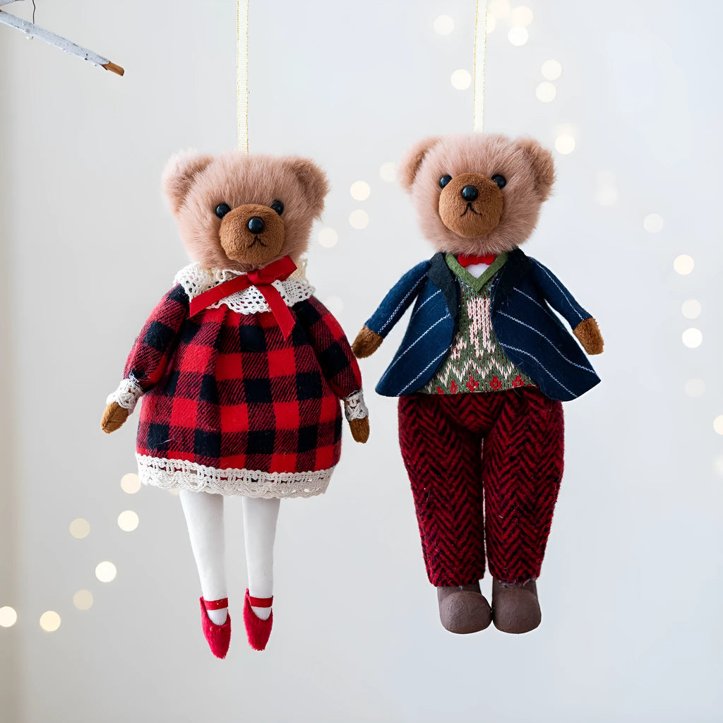 Cloth plush bear doll wearing cotton suit with plaid pattern, available as gentleman bear or princess bear design