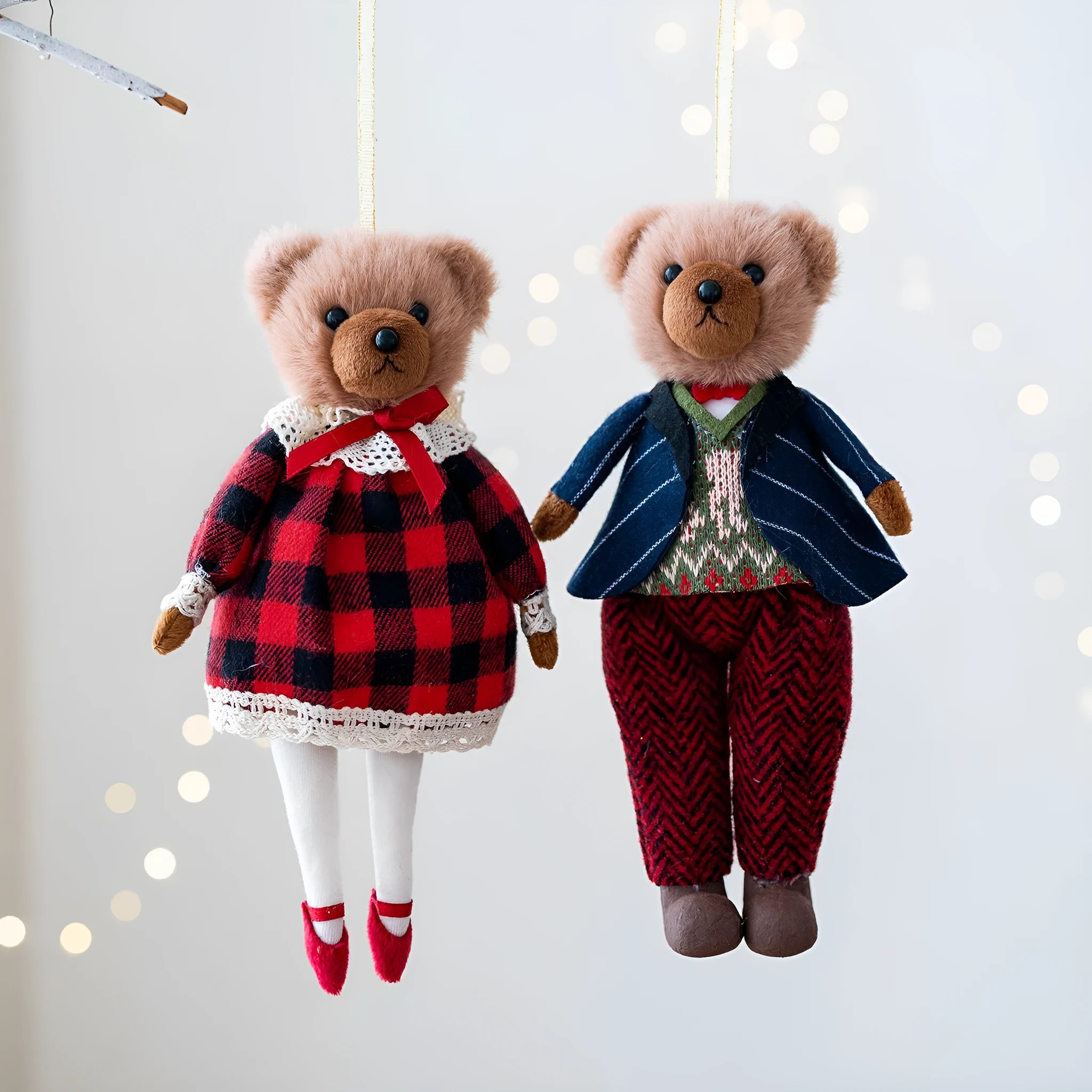 Cloth plush bear doll wearing cotton suit with plaid pattern, available as gentleman bear or princess bear design
