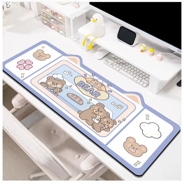 Large solid colour desk pad with natural rubber base shown on a wooden desk, with size options from 20x26cm to 50x100cm.