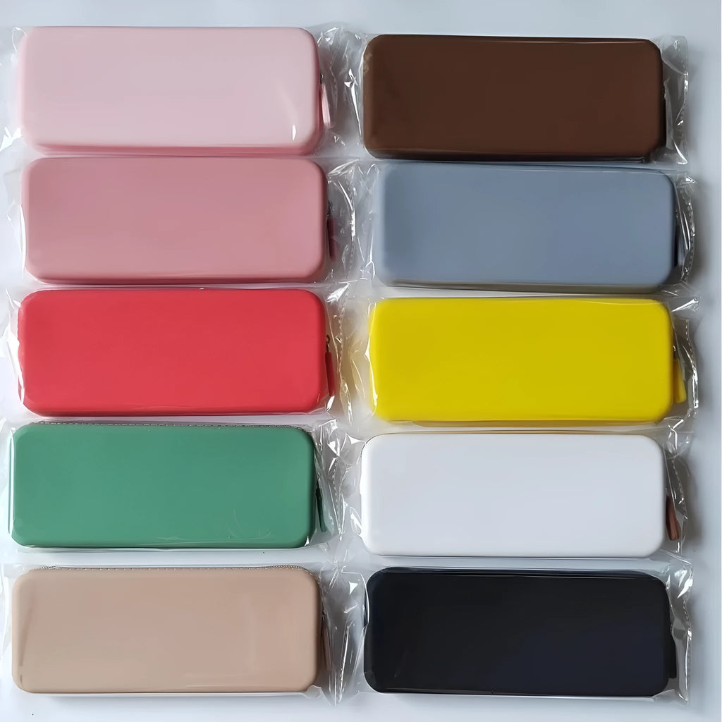 Slim silicone makeup brush storage bag in assorted colours, shown with brushes inside.