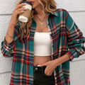 Women's loose fit retro plaid shirt in cotton, available in black, green, and purple with long sleeves