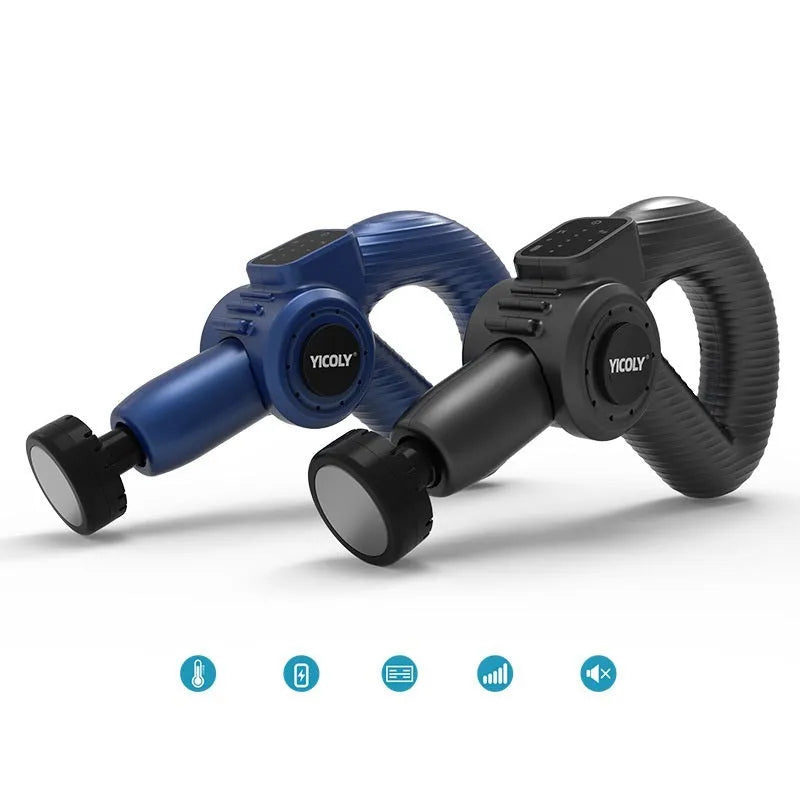 Black intelligent muscle massage gun with multiple massage heads for hot and cold compress therapy