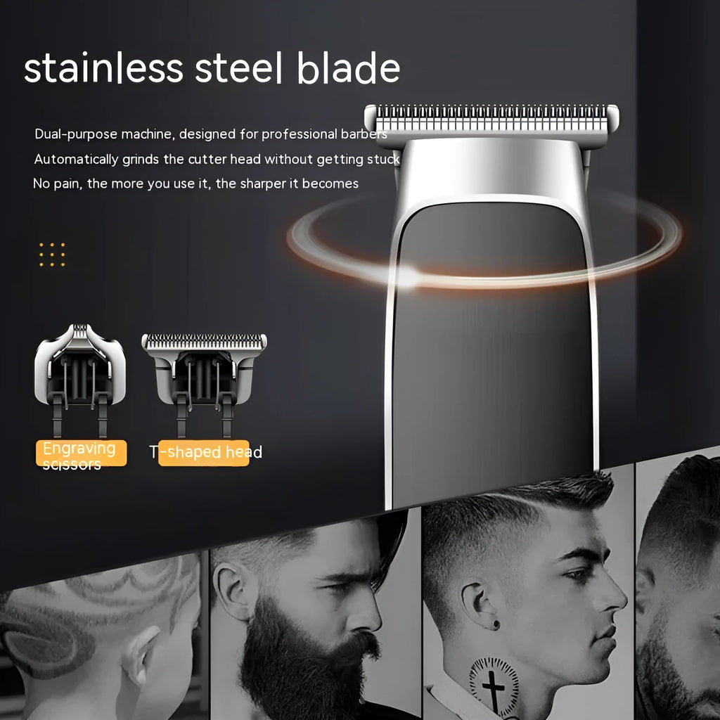 USB charging electric clipper with digital display and double cutter head, includes T-blade and carving cutter